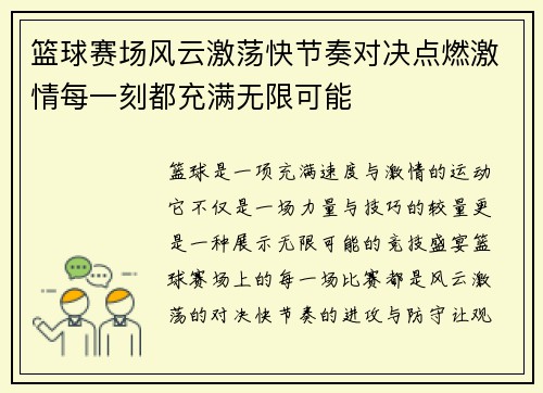篮球赛场风云激荡快节奏对决点燃激情每一刻都充满无限可能