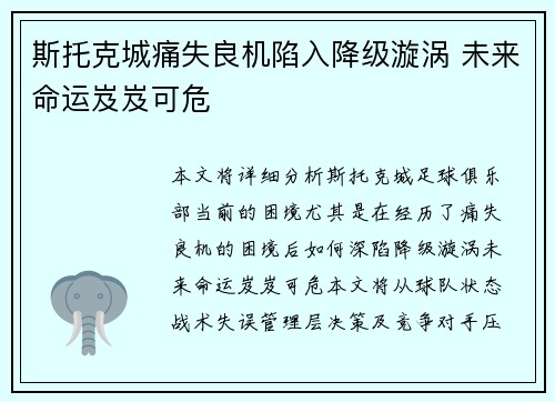 斯托克城痛失良机陷入降级漩涡 未来命运岌岌可危