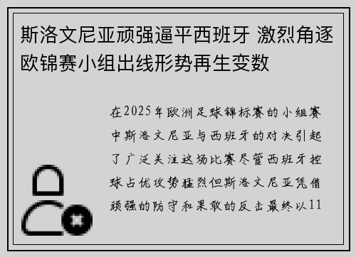 斯洛文尼亚顽强逼平西班牙 激烈角逐欧锦赛小组出线形势再生变数