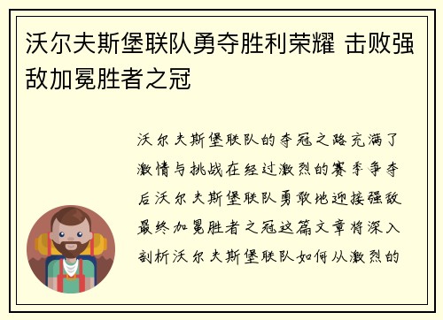 沃尔夫斯堡联队勇夺胜利荣耀 击败强敌加冕胜者之冠